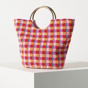 Anthropologie Ring Handle Gingham Beaded Checkered Clutch